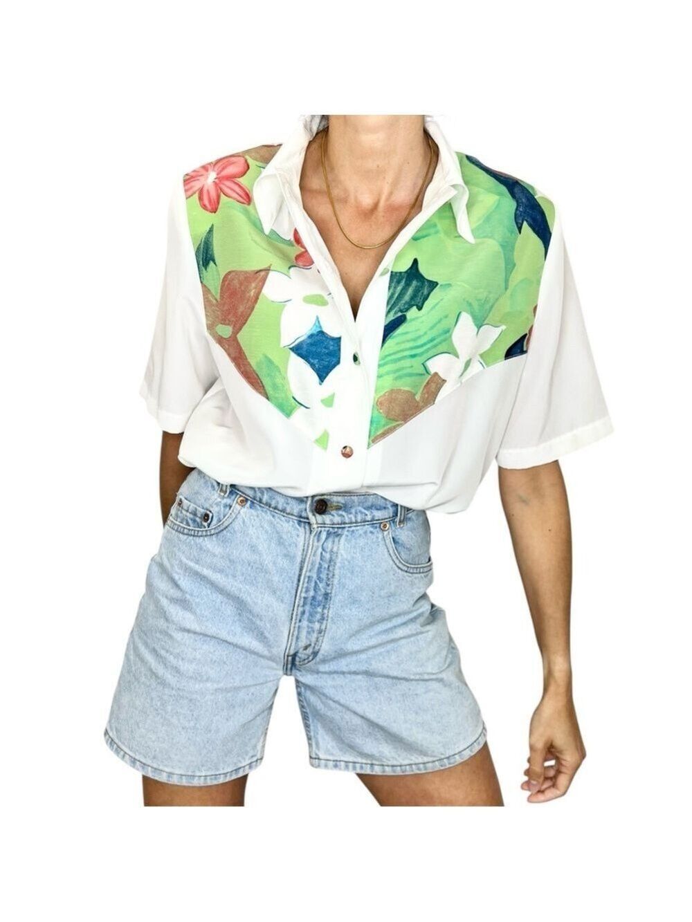 Vintage 80s 90s Canadian made short sleeve white green floral blouse 12